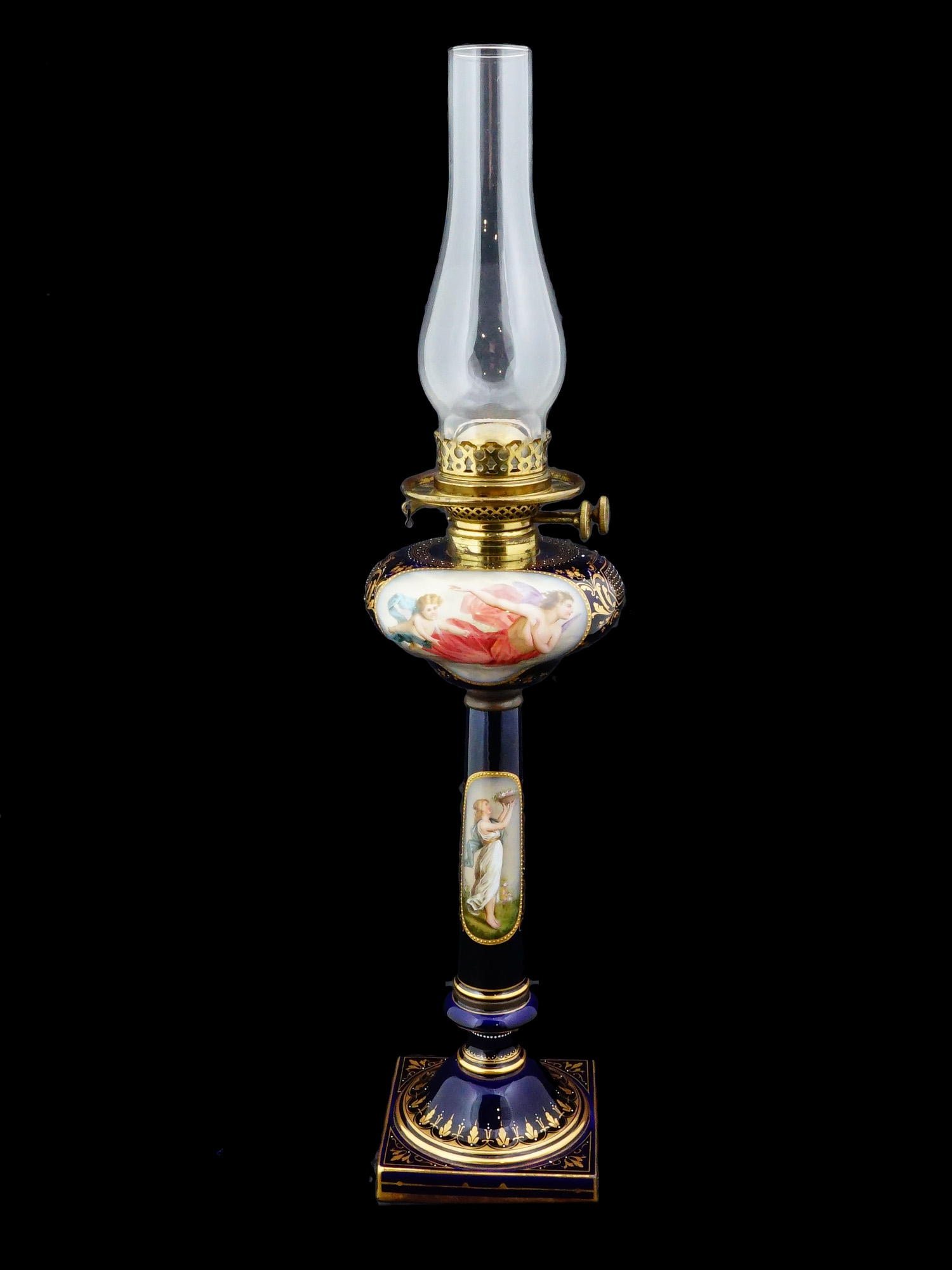 ANTIQUE ROYAL VIENNA COBALT BLUE PORCELAIN OIL LAMP