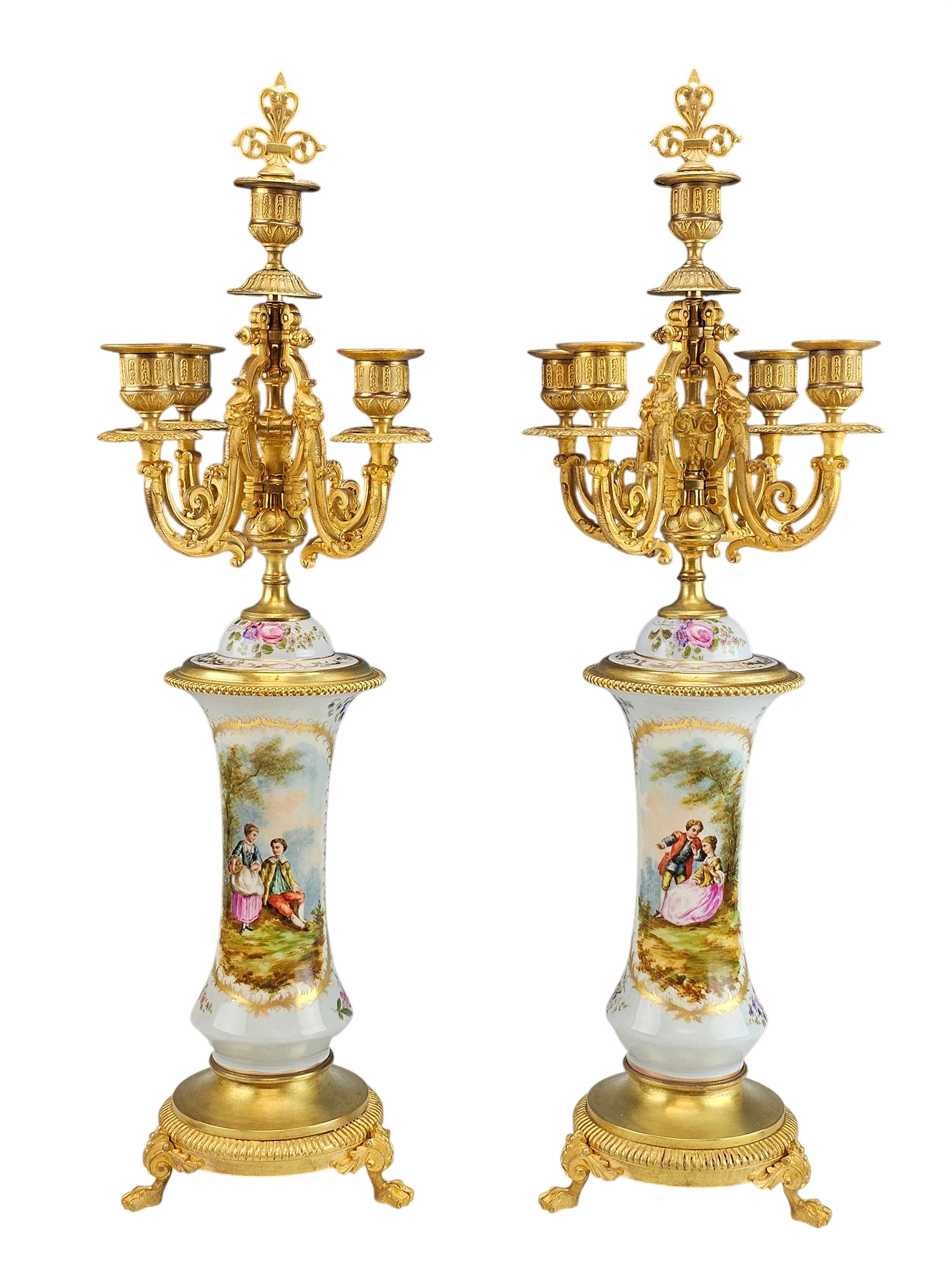 ANTIQUE SEVRES STYLE PORCELAIN AND BRONZE CANDELABRA