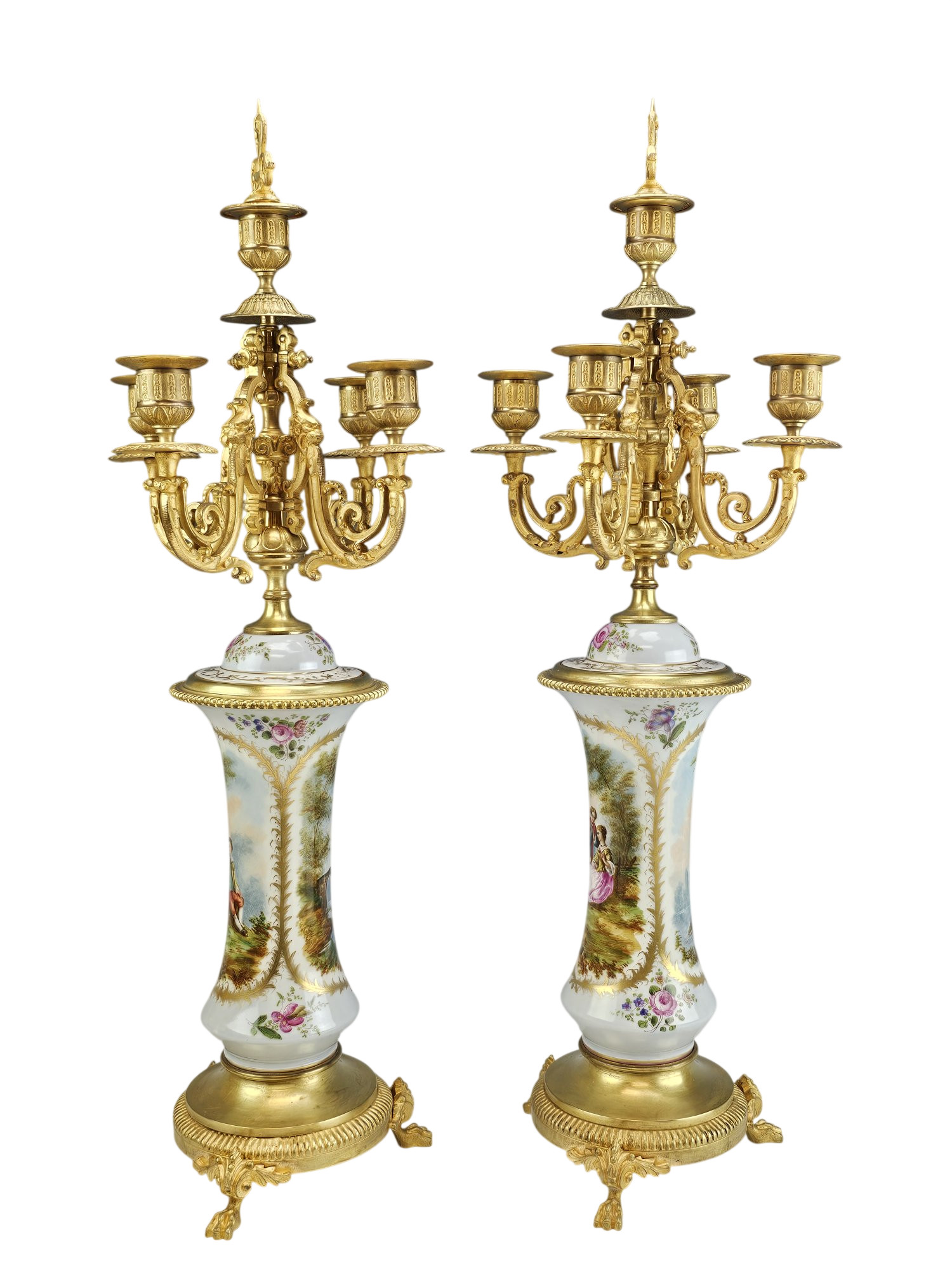 ANTIQUE SEVRES STYLE PORCELAIN AND BRONZE CANDELABRA