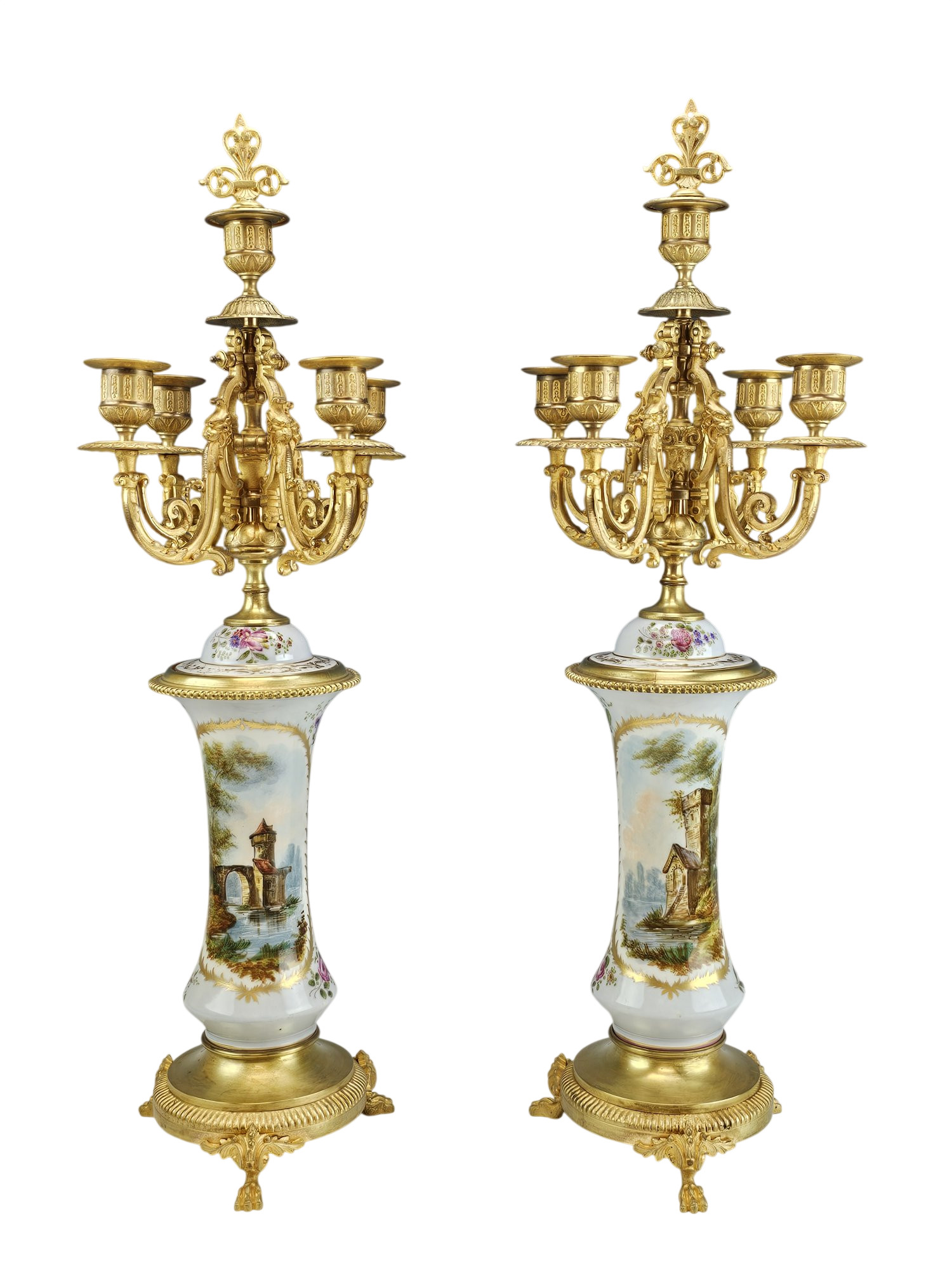 ANTIQUE SEVRES STYLE PORCELAIN AND BRONZE CANDELABRA