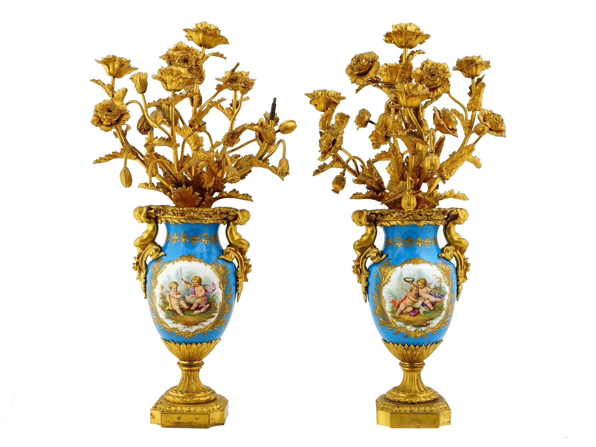 PAIR OF FRENCH BRONZE AND PORCELAIN VASE CANDELABRAS