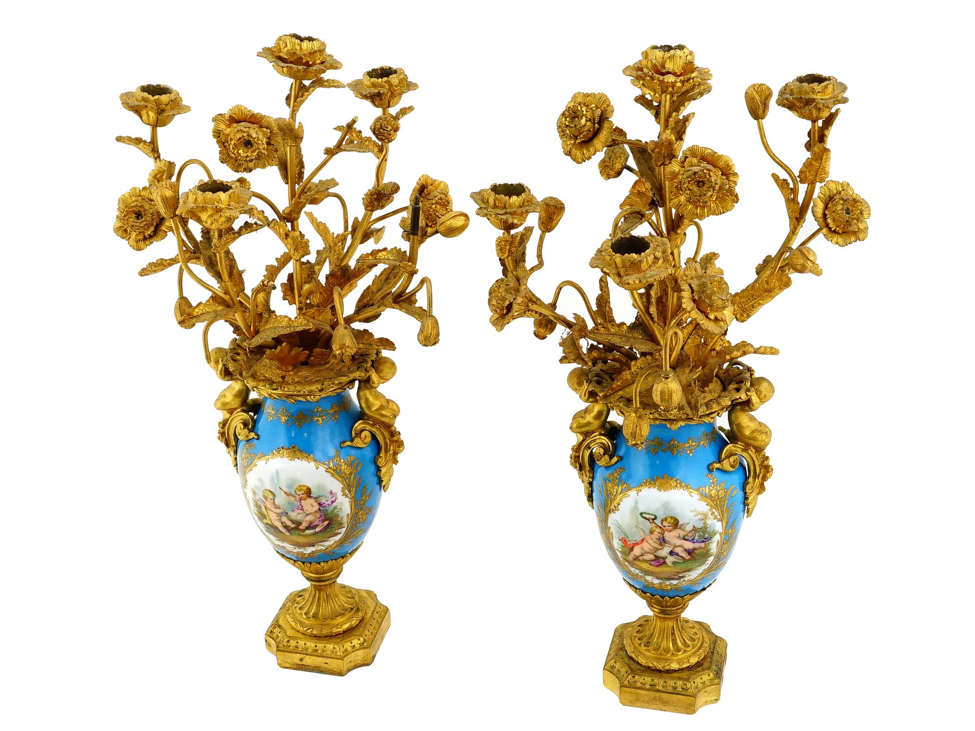 PAIR OF FRENCH BRONZE AND PORCELAIN VASE CANDELABRAS