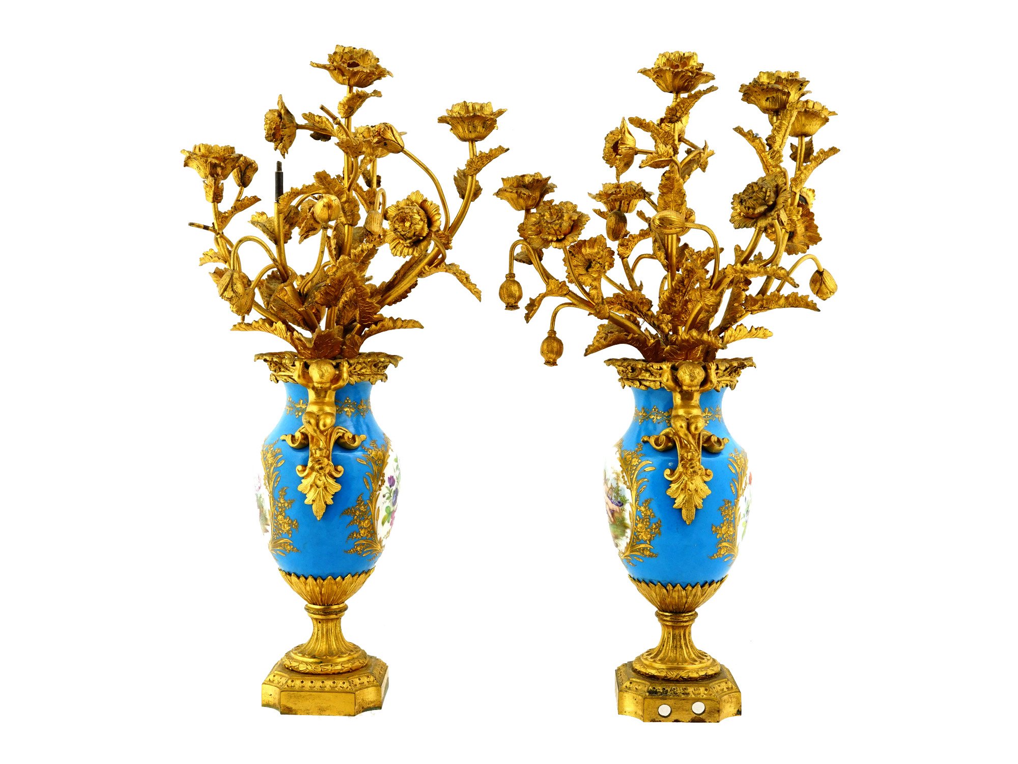 PAIR OF FRENCH BRONZE AND PORCELAIN VASE CANDELABRAS