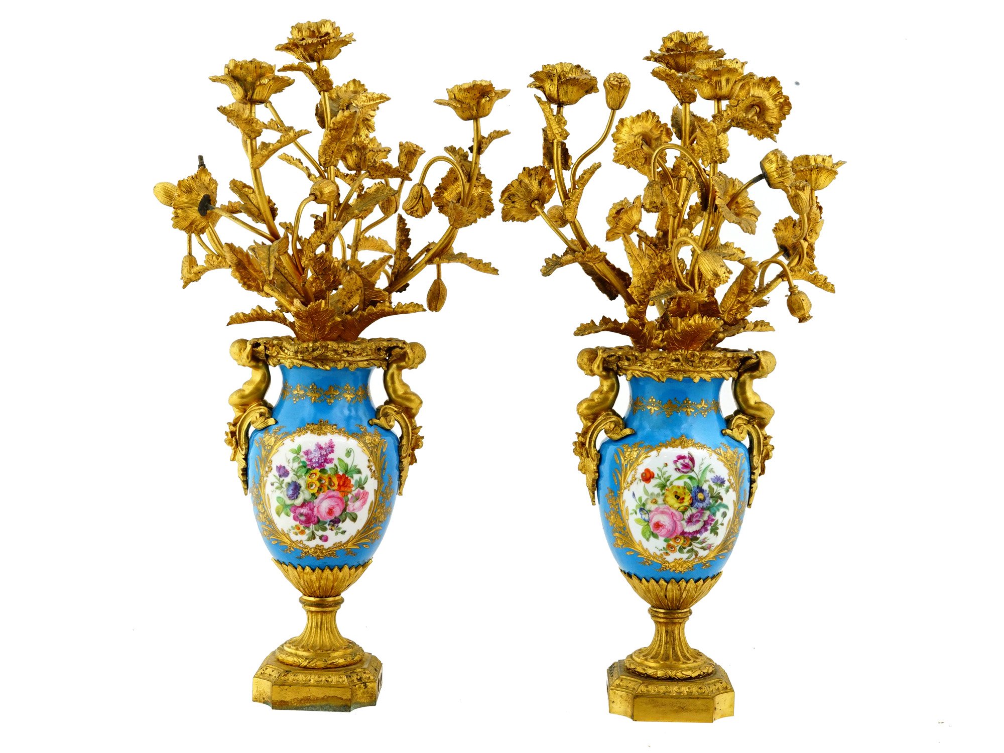 PAIR OF FRENCH BRONZE AND PORCELAIN VASE CANDELABRAS