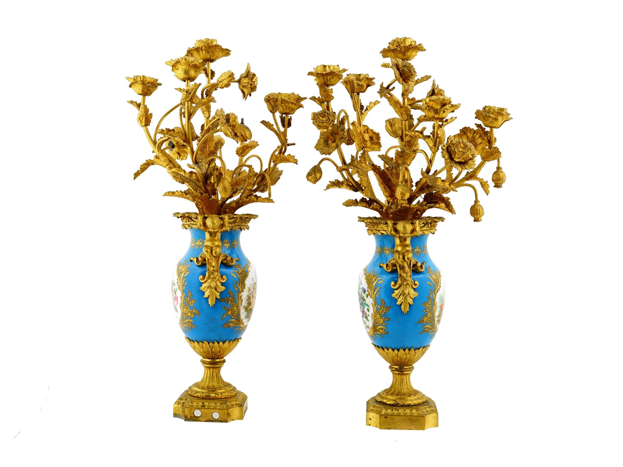 PAIR OF FRENCH BRONZE AND PORCELAIN VASE CANDELABRAS