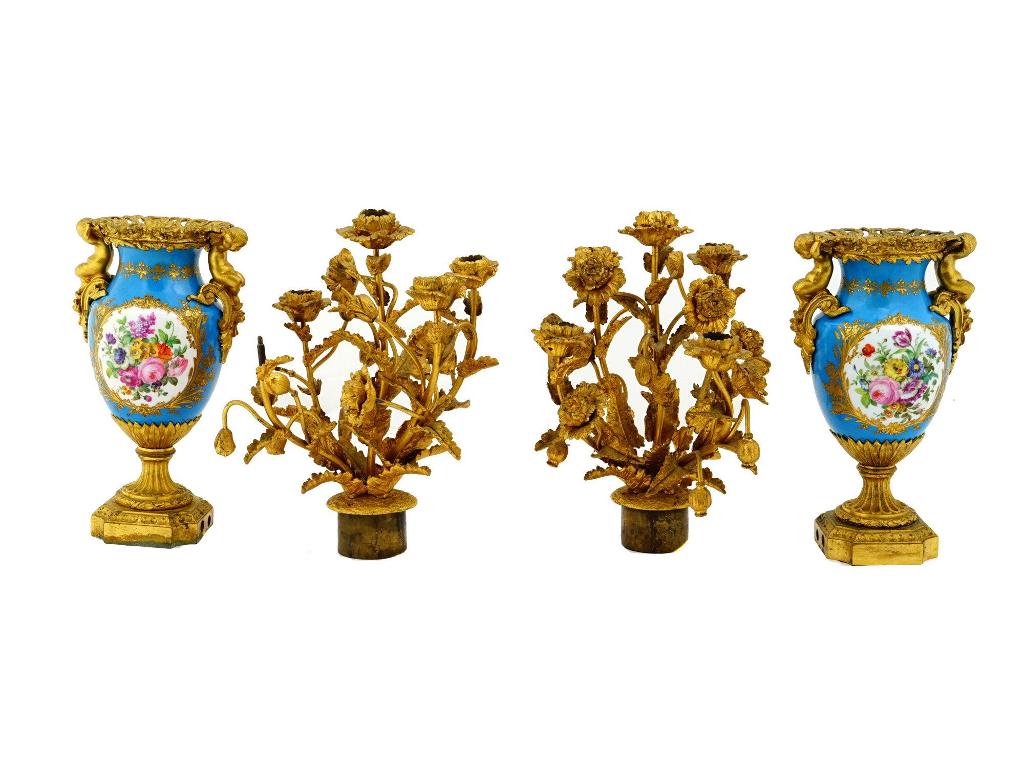 PAIR OF FRENCH BRONZE AND PORCELAIN VASE CANDELABRAS