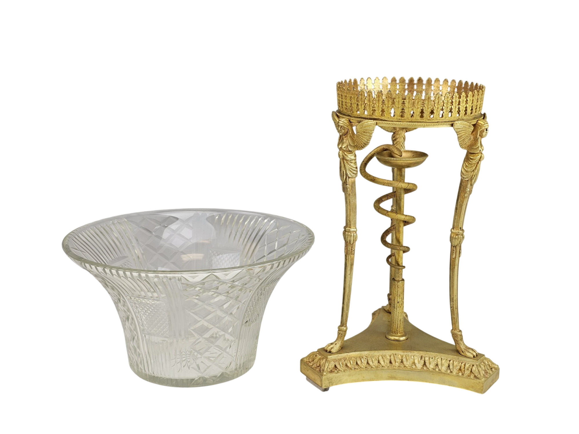 19TH C FRENCH EGYPTIAN REVIVAL BRONZE CUT GLASS CENTERPIECE