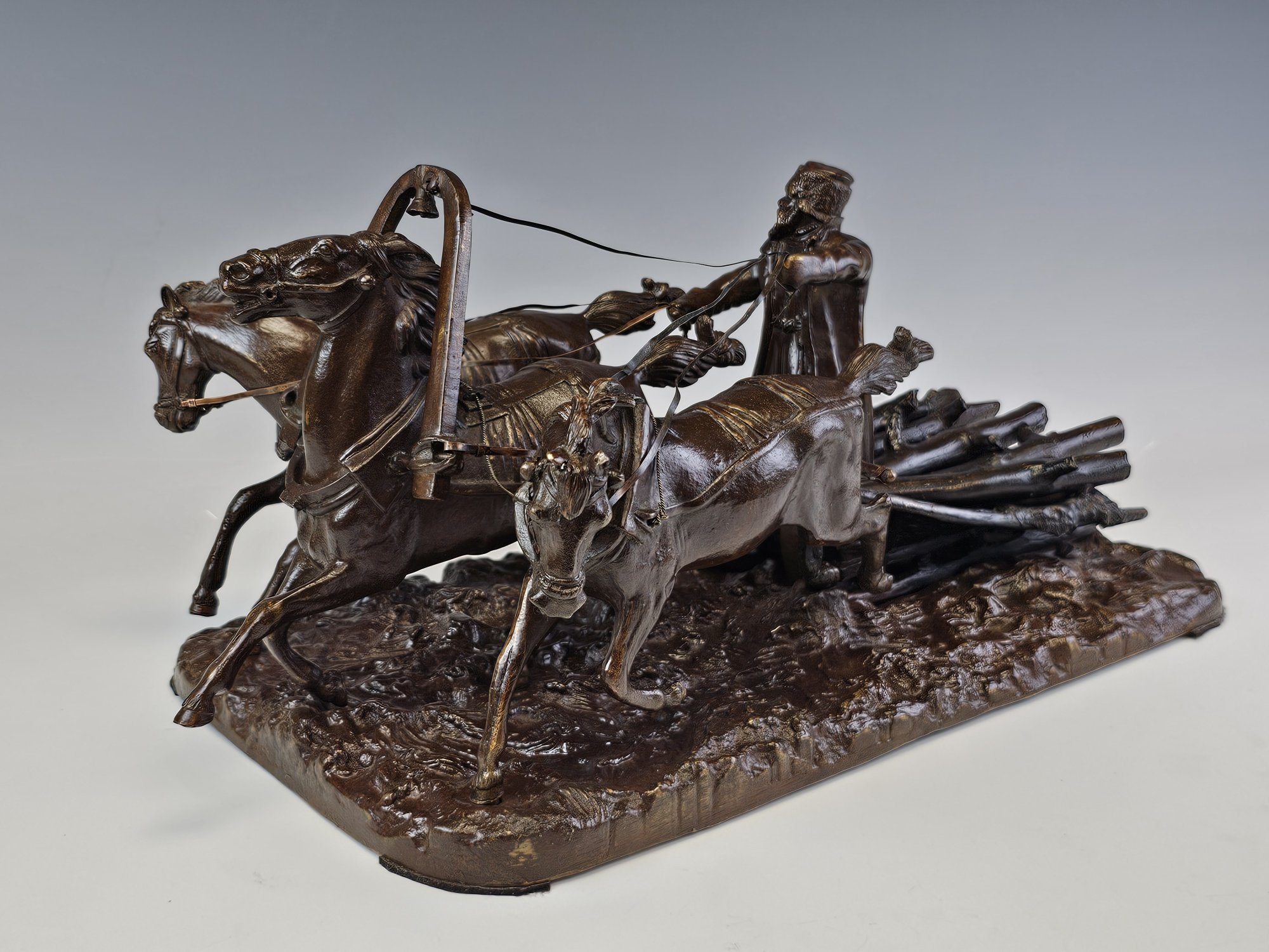 LARGE ANTIQUE RUSSIAN BRONZE WINTER TROIKA BY EVGENY NAPS