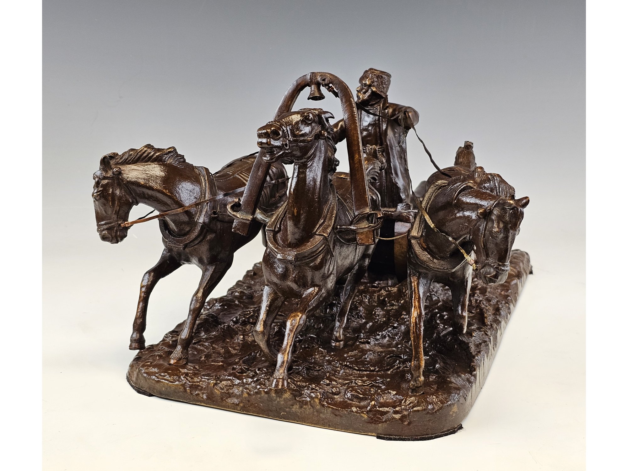 LARGE ANTIQUE RUSSIAN BRONZE WINTER TROIKA BY EVGENY NAPS