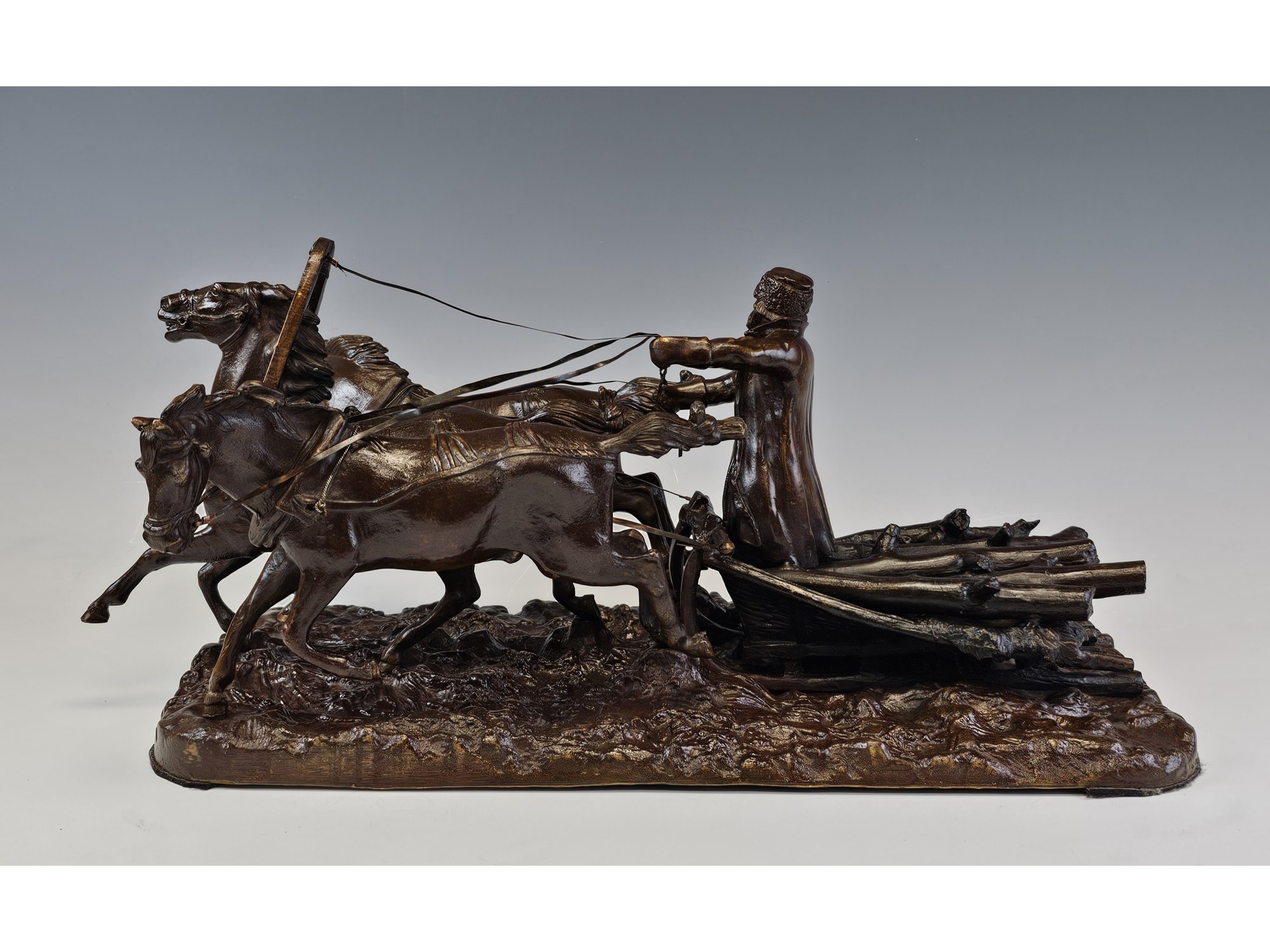 LARGE ANTIQUE RUSSIAN BRONZE WINTER TROIKA BY EVGENY NAPS