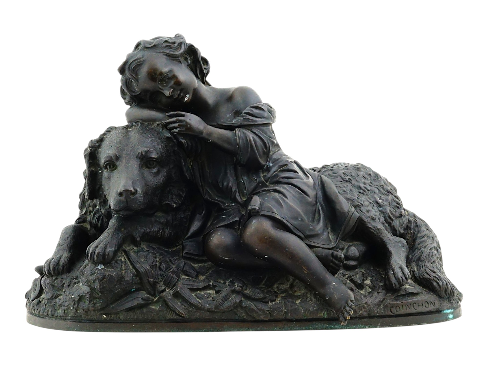 19TH C. FRENCH BRONZE SLEEPING CHILD & DOG COINCHON