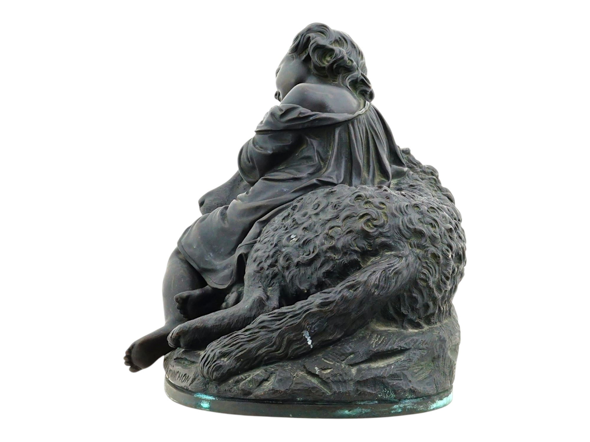 19TH C. FRENCH BRONZE SLEEPING CHILD & DOG COINCHON