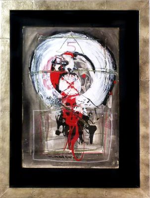 Igael Tumarkin - Mixed technique on paper glued to plywood.
Is associated with the astronaut series. 