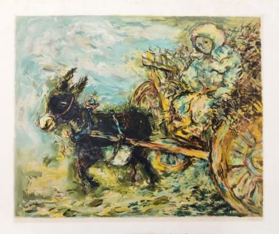 Issachar Ber Ryback - A woman in a cart with a donkey. lithograph, 
paper size 43 x57 cm, 
signed 