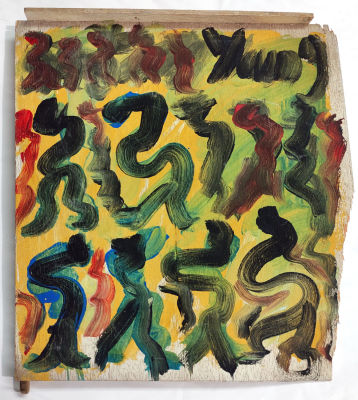 Purvis Young - Mixed technique on an old furniture board, signed 27 x 23 cm 
Purvis Young (1943 – 