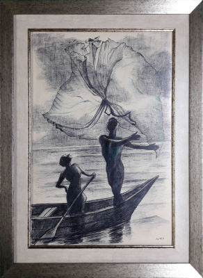 Haim Diner - Couple on boat. 37x50 cm, pen on paper, 
signed in Hebrew 
Haim Diner, painter and 