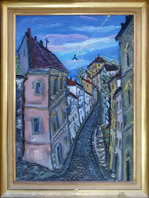 Unknown artist - Street, oil on cardboard. oil on cardboard, framed, 56x70 cm 
On the back are 
