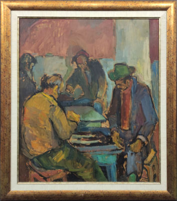 Avi Schwartz - Backgammon at the market. Oil on plywood 
55x65 cm
signed 
Avi Schwartz, painter 
