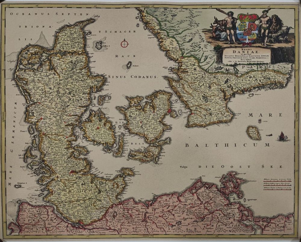 MAMAP OF DENMARK, copper engraving, colored, Homann, JB Regni Daniae. Nuremberg about 1730. Bapt 