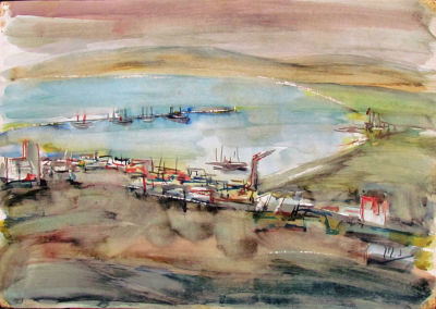 Nahum Kook - Haifa Bay. watercolor, signed 
35x50 cm 
Nachum Kook, Painter and Illustrator. b. 1908 