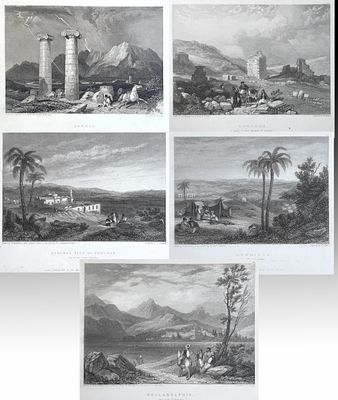 Lot of 5 lithographs from the 19th century of ancient cities of the Seven Churches in the 