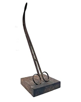 Dan Ben Amotz - דן בן אמוץ. Long surgeon's scissors on a wooden board, signed Dan Ben Amotz