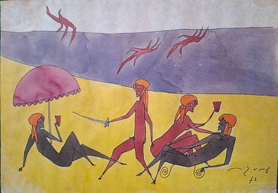 Amos Kenan - On the beach. צבעי מים 
חתום 
50x70 cm