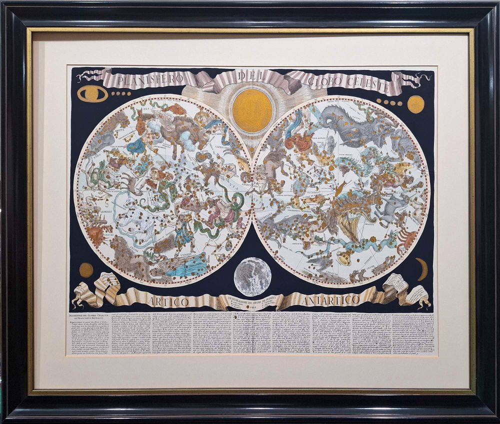 Reproduction of an antique celestial map titled "Planisfero del Globo Celeste Artico Antartico. A 