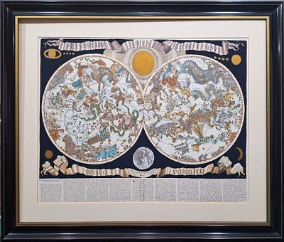 Reproduction of an antique celestial map titled "Planisfero del Globo Celeste Artico Antartico. A