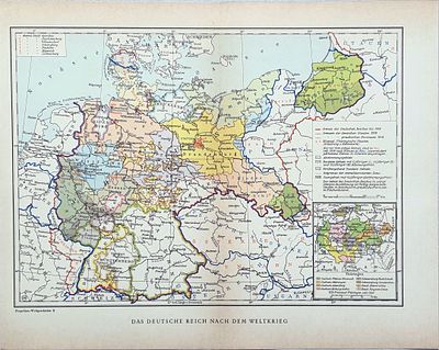 מפה: גרמניה שלאחר מלחמת העולם הראשונה (1930 לערך). גודל: 34.4x26 ס"מ 
מפה היסטורית זו היא פריט 