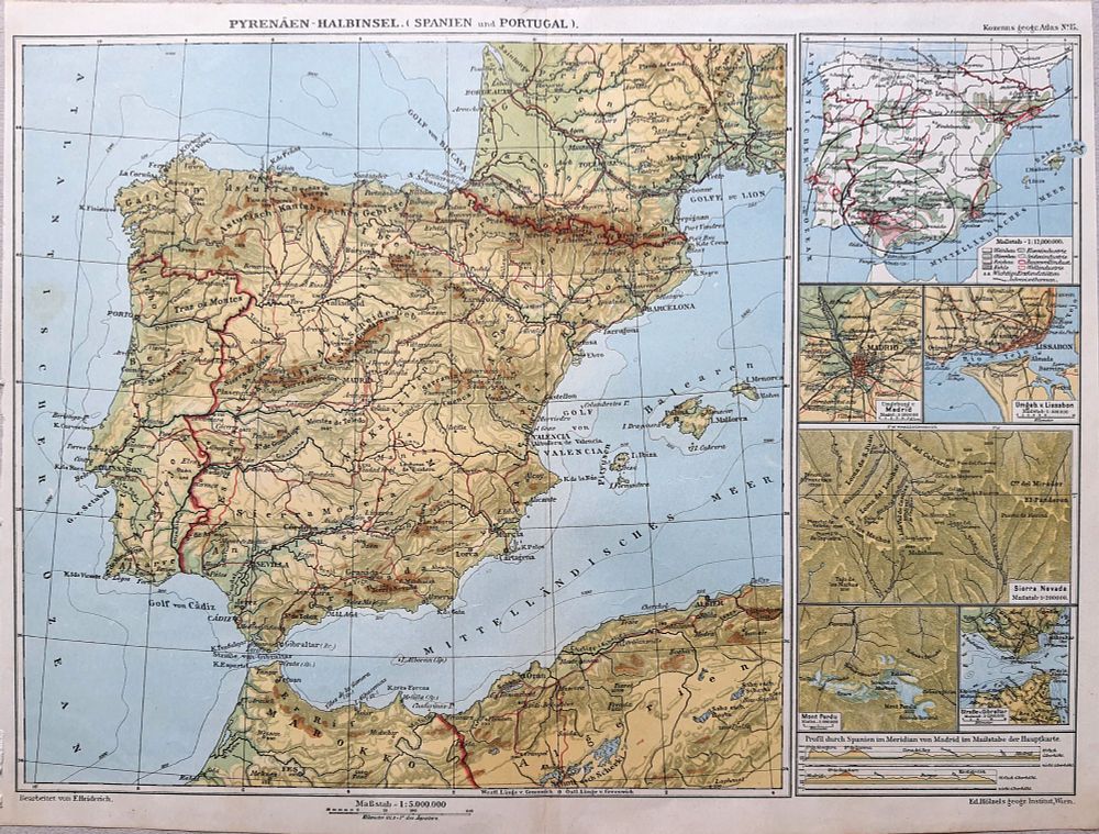 The Iberian Peninsula Map (1919) - from the Historical Kozenn Atlas "Kozenens Geographischer Atlas"