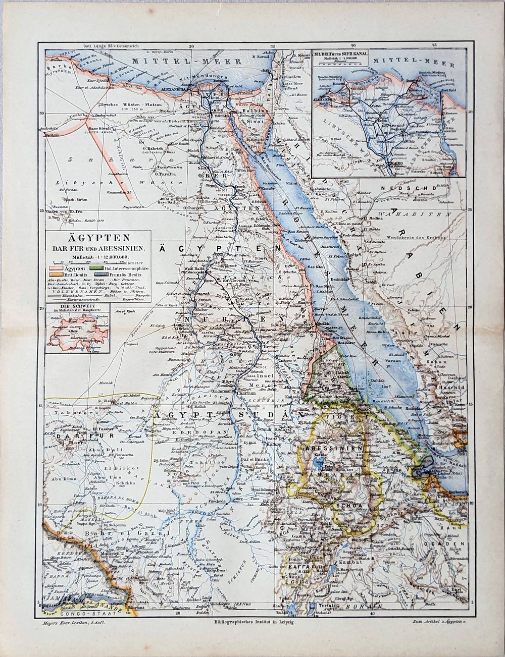 Egypt and Abyssinia Map (c. 1900) - A Rare Item from Meyers Encyclopedia. This historical map is 