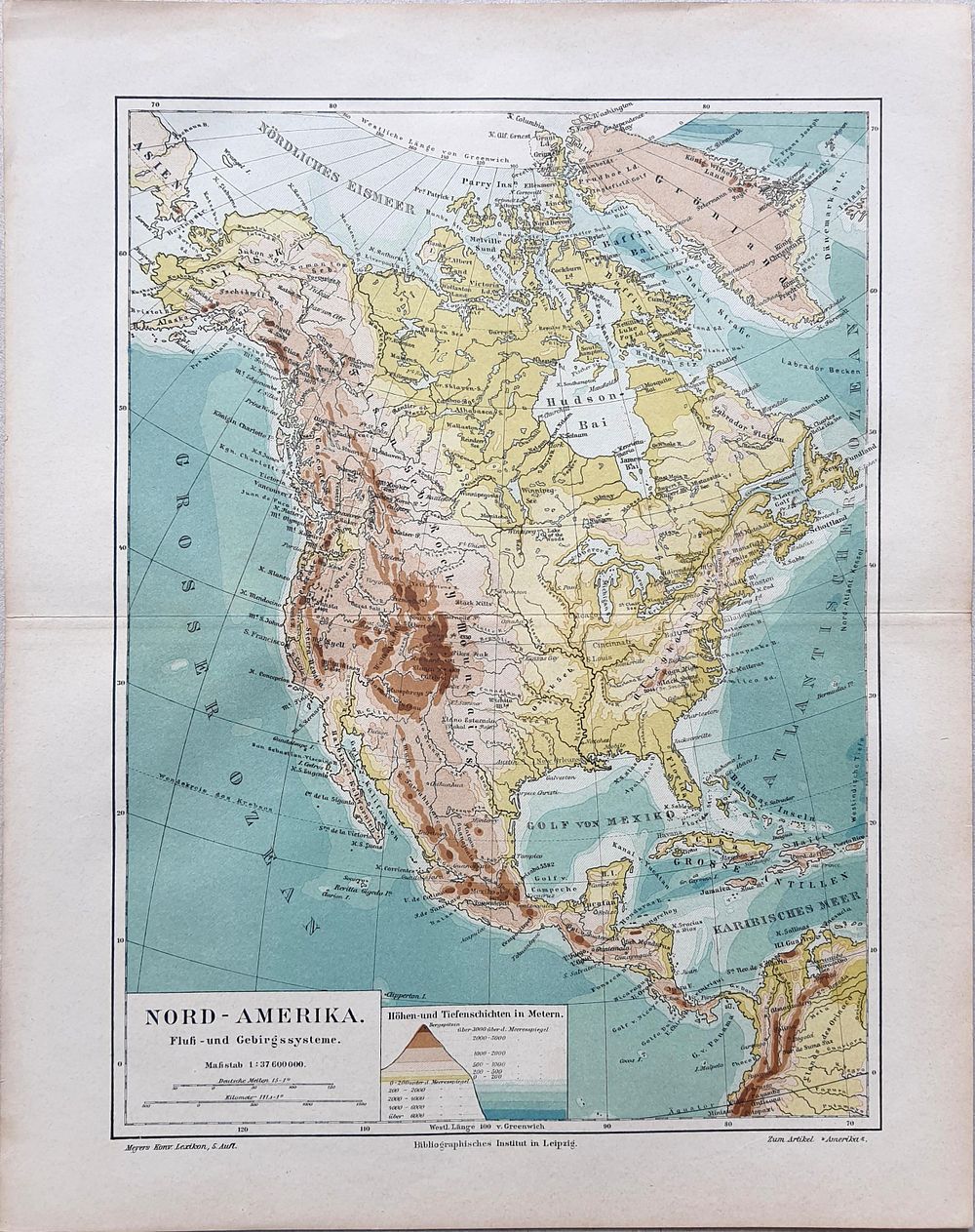 North America Map (c. 1900) - From Meyers Encyclopedia. size: 30.4x24 cm 
This rare collectible 