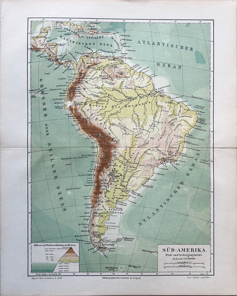South America Map (c. 1900) - From Meyers Encyclopedia. 30.7x24 cm 
This map is another piece 