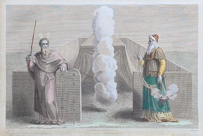 Moses and Aaron before the Tabernacle
Hand-colored copper engraving, 1791. Artist: Thomas 