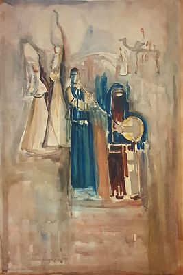 Yosef Kossonogi - watercolor, signed, dated 1957 
This is a watercolor painting by Israeli artist 