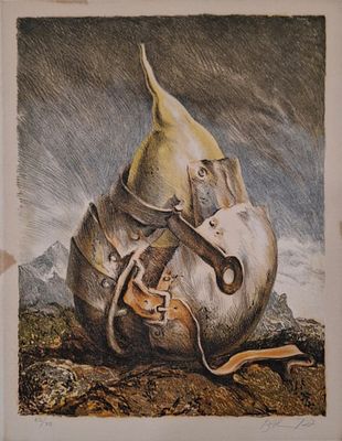 Samuel Bak - Samuel Bak (b. 1933) – "Surrealist Pear in Armor.". 27x35 cm 
Original lithograph on 