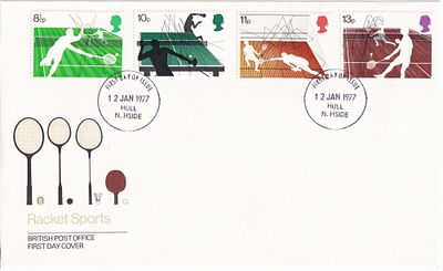 Конверт Первого дня Великобритании от 12 января 1977 года с четырьмя марками и спецгашенем . 11 