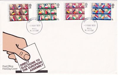 Конверт Первого дня Великобритании от 9 мая 1979 года с четырьмя марками и спецгашенем . 11,5 х 