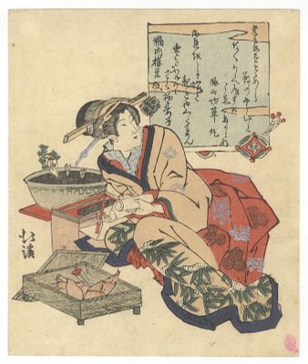 По мотивам Хоккэй Тотоя (1780–1850) - Суримоно &laquo;Гейша с коробом побегов бамбука&raquo;. Япония, ок. 