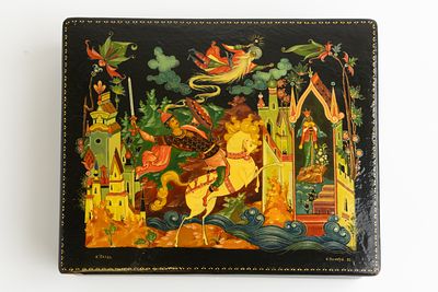 Голиков Николай Иванович (1924–2011) - Шкатулка &laquo;Бой Руслана с Черномором&raquo;. СССР, п. Палех, 1992. 