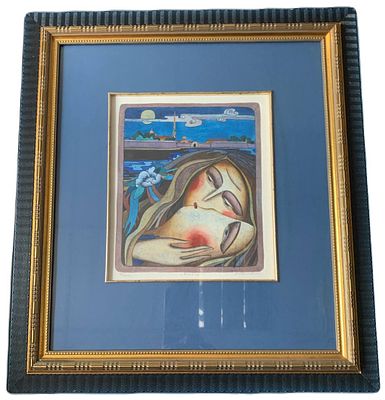 Цветная линогравюра "Поцелуй". А.А. Иванов. 1985 год. Бумага, подкраска акварелью, золотая 