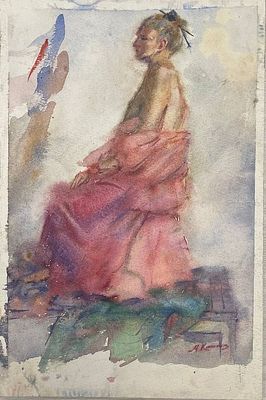 "Натурщица". М.Кичигин. Бумага, акварель. 
Размеры: 36 х 24 см. 
Состояние: следы времени. 
ИН-87.