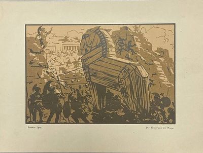 Цветная линогравюра "Взятие Трои". Фалилеев Вадим Дмитриевич. 1910 год. Размер: 21 х 28 см. 