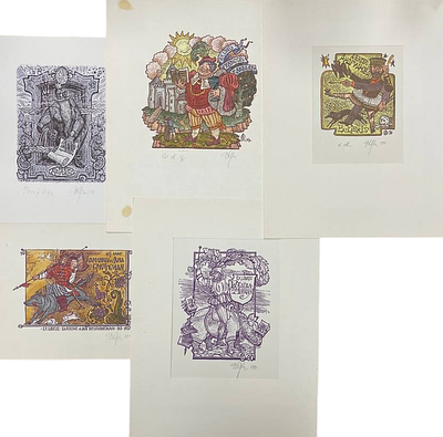 Экслибрисы. Валерий Орлов. 5 штук. 1994 год. В папке также имеется сопроводительное письмо 