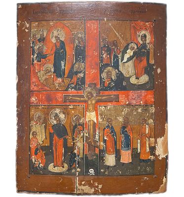 Икона четырехчастная с избранными сюжетами. . Дерево, левкас, темпера. 
Размеры: 40 х 32 см. 