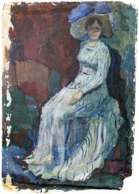 "Дама в голубом". По подписи Олег Ломакин. 1966 год. Бумага, гуашь. На обороте авторская 