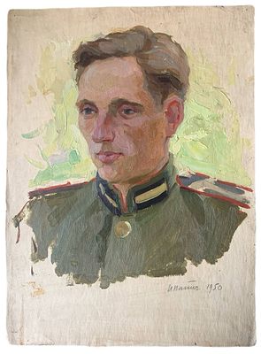 "Портрет военного". Панич Игорь Васильевич. 1950 год. Масло, бумага. В правом нижнем углу "И 