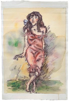 "Нежный цветок". Неизвестный художник. Бумага, акварель, тушь. 
Размер: 56 х 38 см. 
Состояние: 