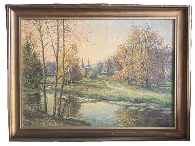 "Осень". Ю.А.Торопов.
. Холст на подрамнике, масло. 
Размеры: 50 х 70 см. с багетом: 81 х 62 см. 